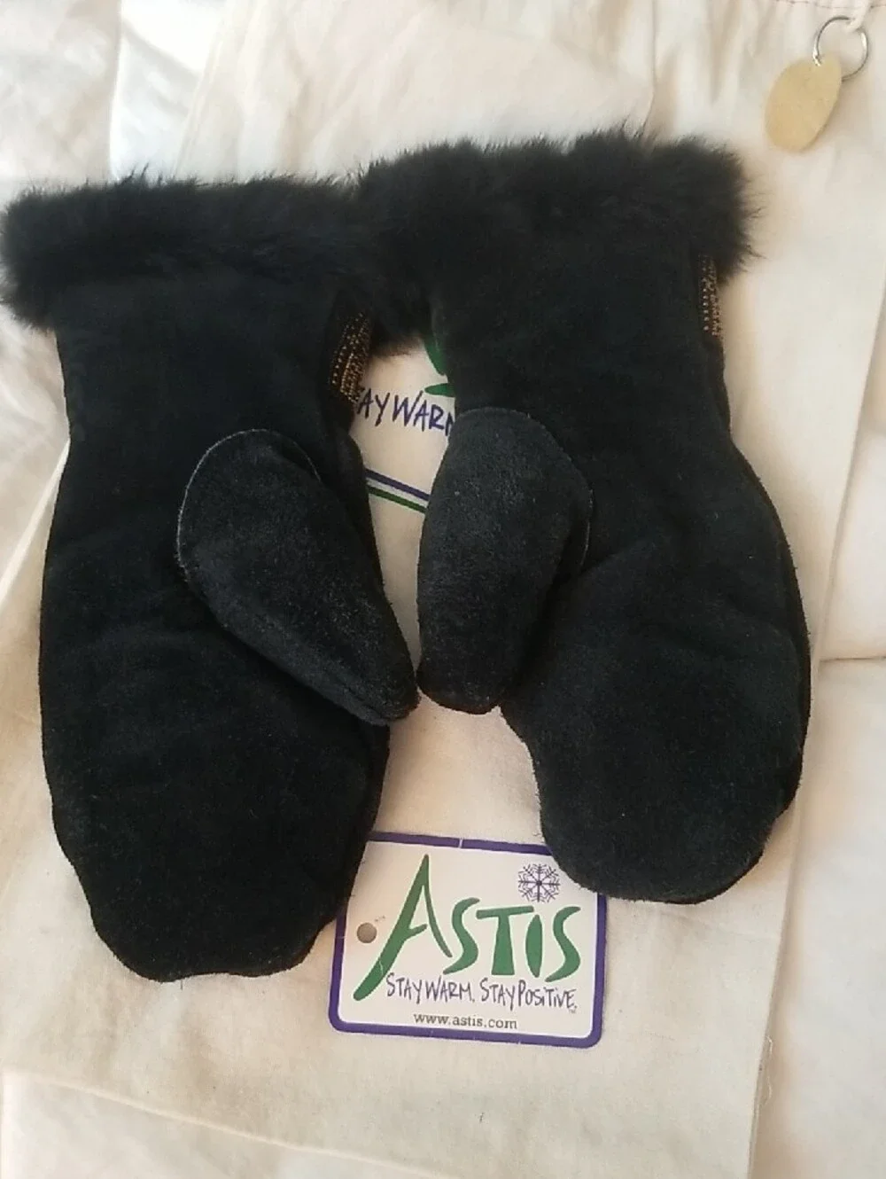 Astis Black Suede Fur-Trim Mittens with Beaded Cuff